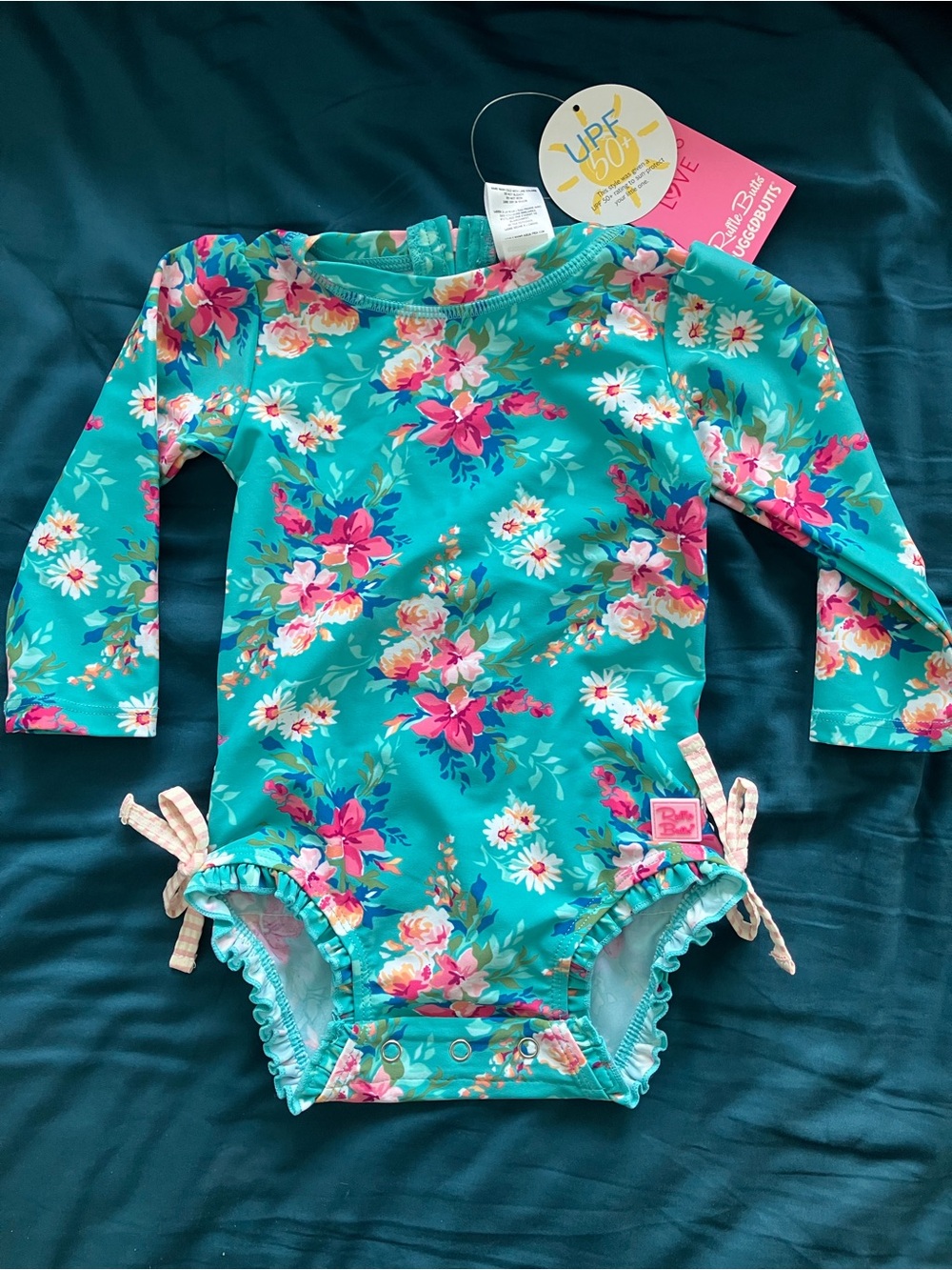 Ruffle Butts Teal Floral Long Sleeve Swim Rash Guard